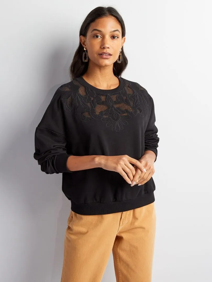 SUDADERA CON CUELLO REDONDO Y DETALLES CALADOS  NEGRO