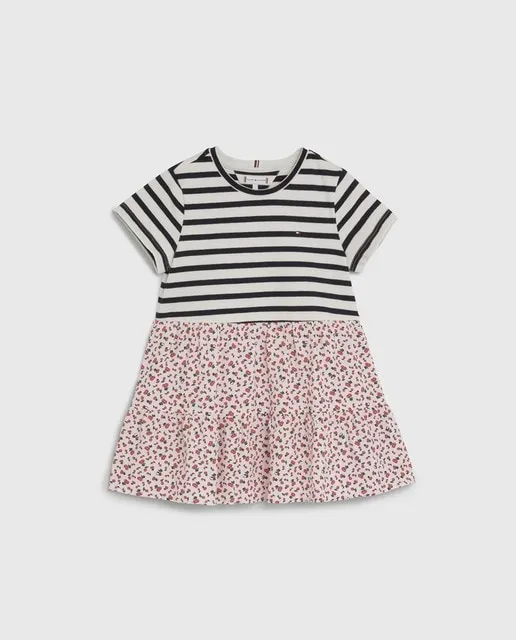 Tommy Hilfiger Vestido de bebé niña de bebé niña estampado combinado con manga corta y logo bandera bordado