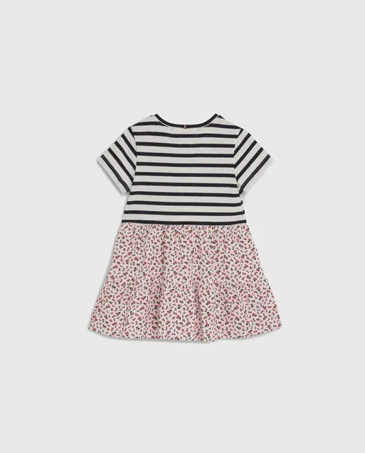 Tommy Hilfiger Vestido de bebé niña de bebé niña estampado combinado con manga corta y logo bandera bordado