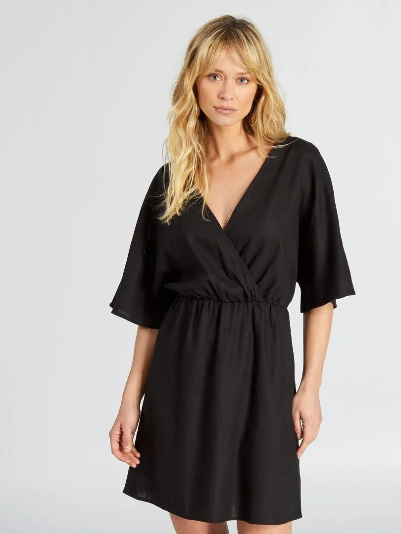 VESTIDO CORTO ENTALLADO DE LINO  NEGRO