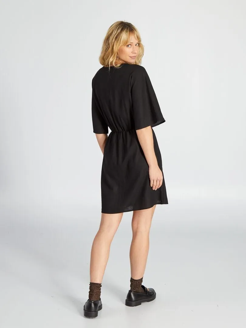 VESTIDO CORTO ENTALLADO DE LINO  NEGRO