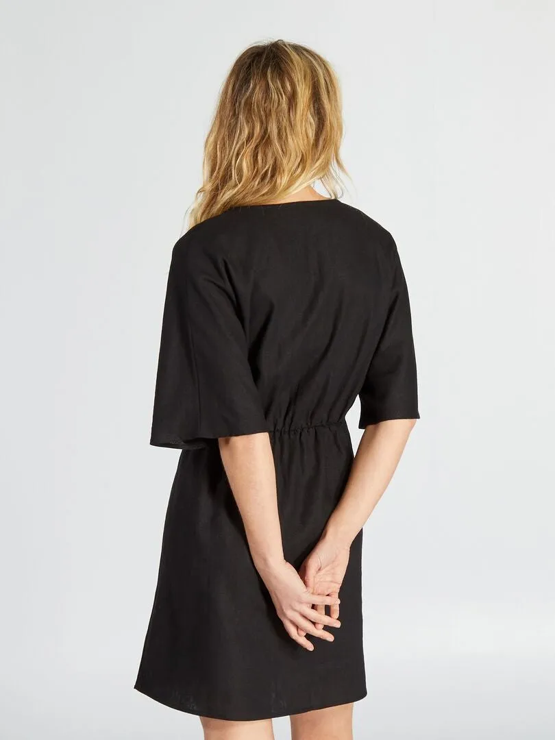 VESTIDO CORTO ENTALLADO DE LINO  NEGRO