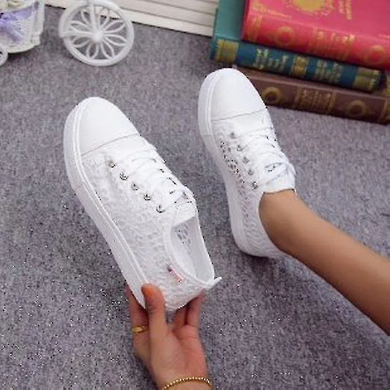 Zapatos blancos casuales de verano para mujeres Encaje de lona Hollow Breathable Zapatos deportivos para mujer